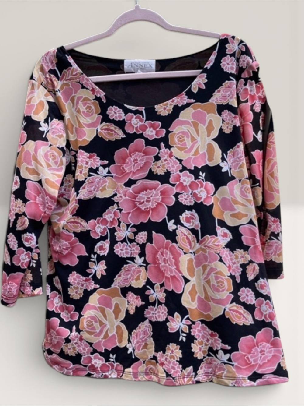 Casual Corner Floral Scoop Neck Blouse - Black with Pink & Peach Roses